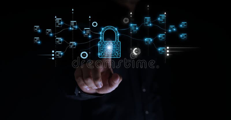 Concept de securitate cibernetică și de confidențialitate pentru protejarea pictogramei de blocare a datelor și a tehnologiei de s royalty free stock photography