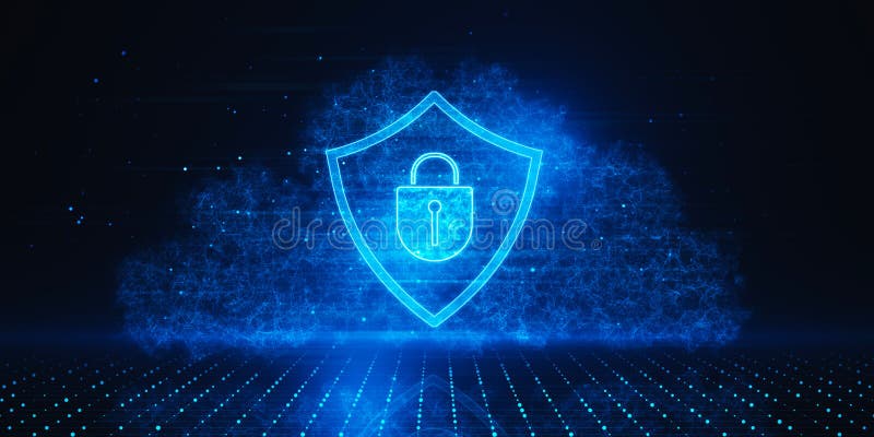 Cyber security and privacy protection concept with digital padlock in virtual blue glowing shield on dark background with data net vector illustration