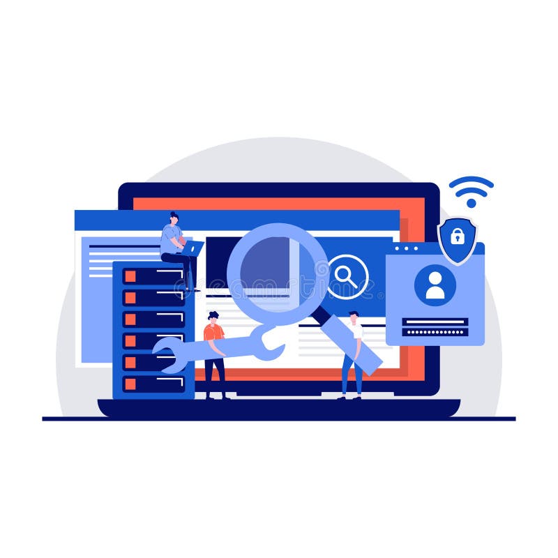 Cyber security service concept with tiny character. Developer team access and protecting data confidentiality, developing computer royalty free illustration