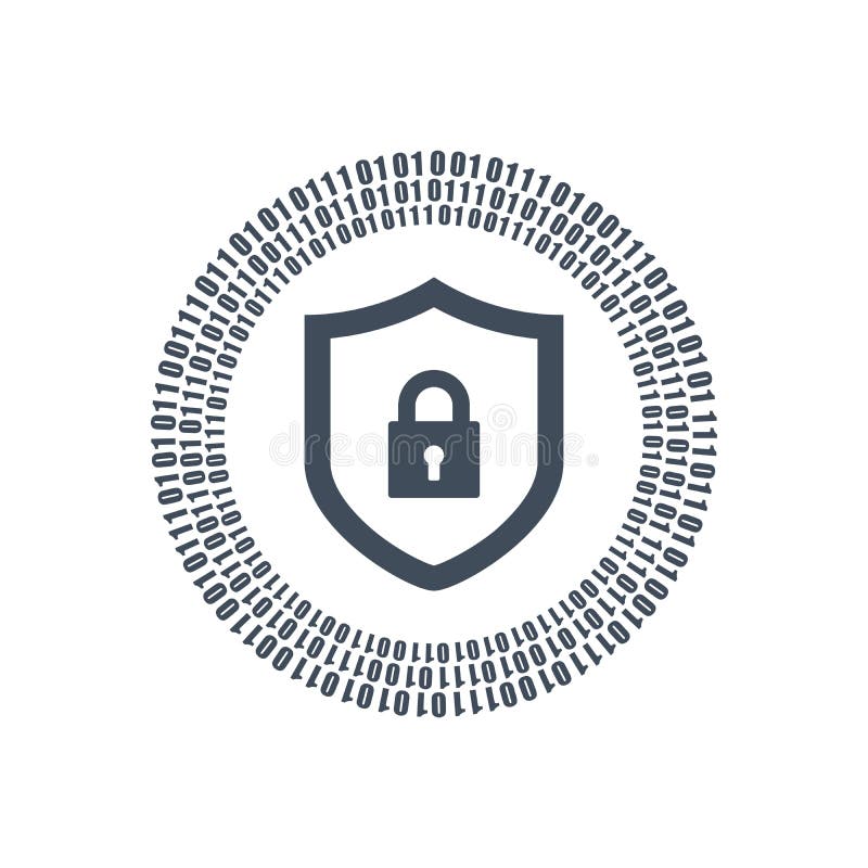 Cyber security shield icon or logo. binary digital circles and lock. vector illustration isolated on white background royalty free illustration
