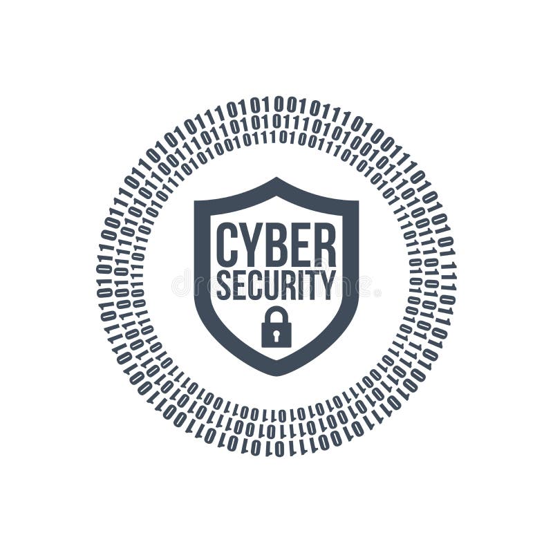 Cyber security shield icon or logo. binary digital circles and lock. vector illustration isolated on white background royalty free illustration