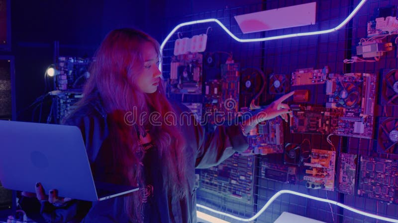 Cyber security. Software engineer typing coding in laptop computer at data stock footage