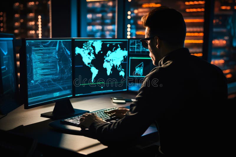 Cyber security specialist using computer, preventing hacker attack, online protection, digital security expert, firewall, hacker stock illustration