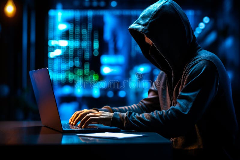 Cyber security specialist using computer, preventing hacker attack, online protection, digital security expert, firewall, hacker vector illustration