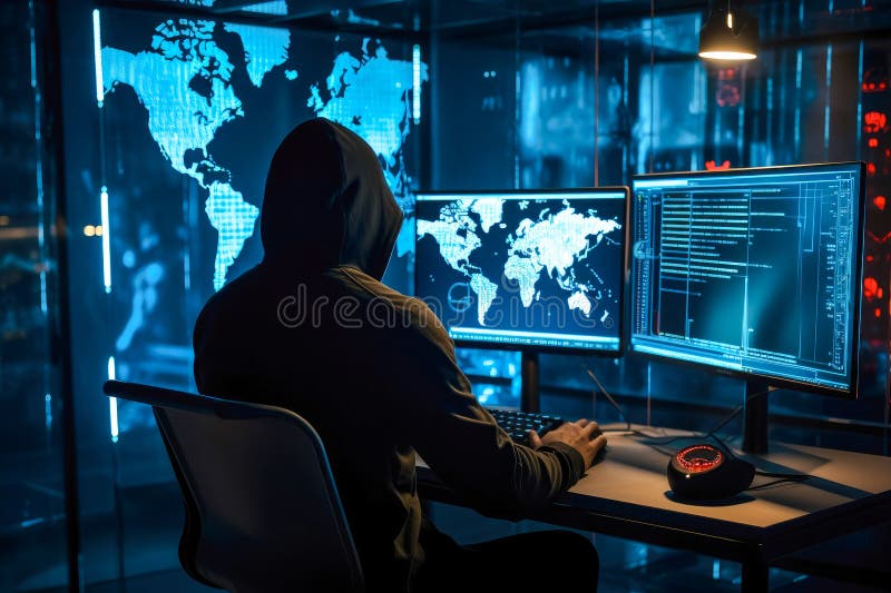 Cyber security specialist using computer, preventing hacker attack, online protection, digital security expert, firewall, hacker royalty free illustration