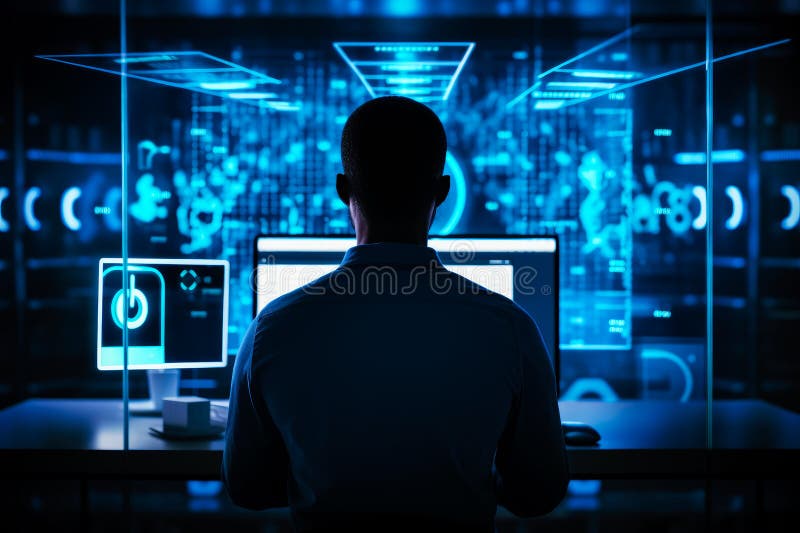 Cyber security specialist using computer, preventing hacker attack, online protection, digital security expert, firewall, hacker vector illustration