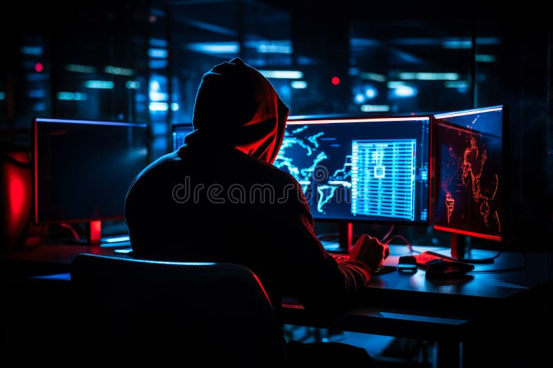 Cyber security specialist using computer, preventing hacker attack, online protection, digital security expert, firewall, hacker stock illustration