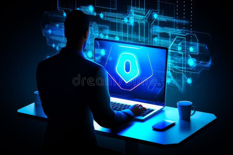 Cyber security specialist using computer, preventing hacker attack, online protection, digital security expert, firewall, hacker royalty free illustration