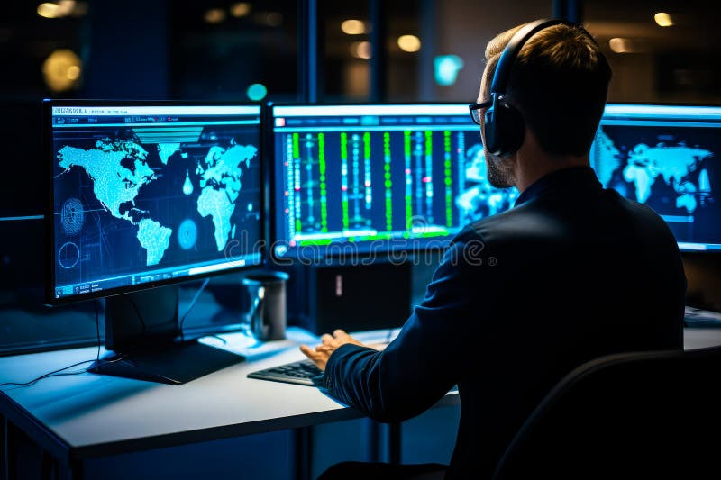 Cyber security specialist using computer, preventing hacker attack, online protection, digital security expert, firewall, hacker royalty free illustration