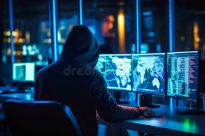 Cyber security specialist using computer, preventing hacker attack, online protection, digital security expert, firewall, hacker royalty free illustration