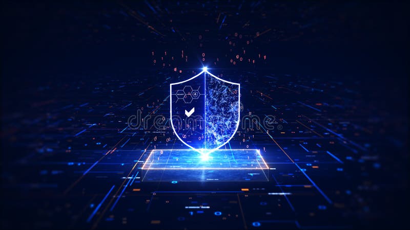 Cyber security technology concept. Protecting digital information networks. There is a shield in the middle with a dark blue royalty free illustration