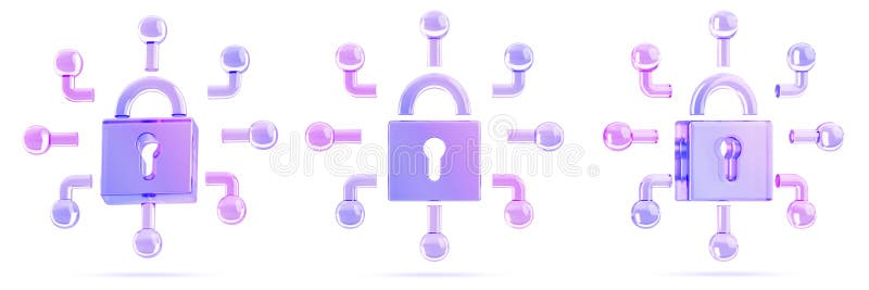 Cyber security technology concept. Render 3d set of glass holographic padlock icon with lines in different angles. Digital stock illustration