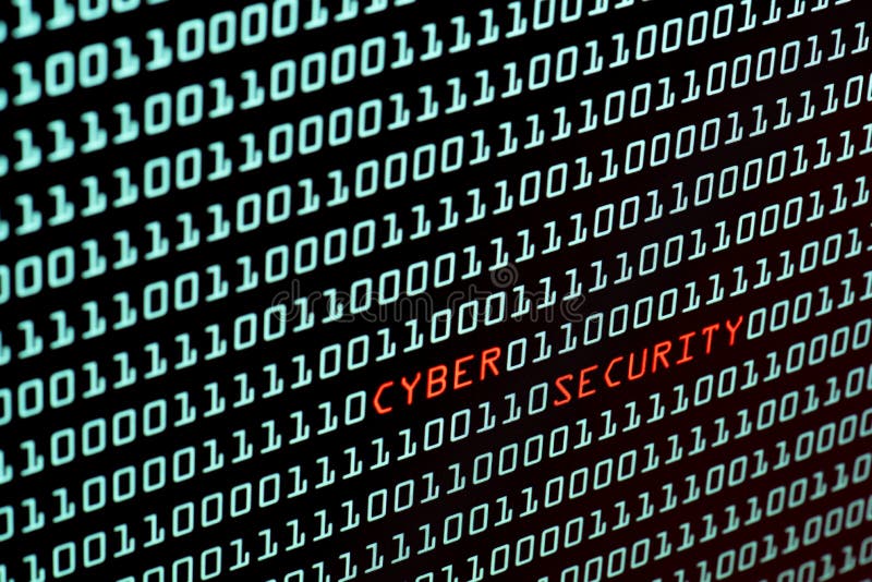 Text de securitate cibernetică și concept de cod binar de pe ecranul desktop, cu focalizare selectivă royalty free stock photography