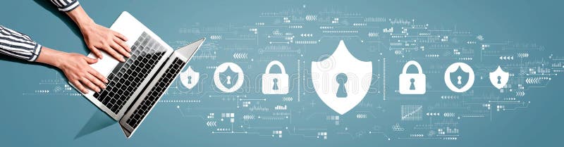 Cyber security theme with person using laptop royalty free illustration