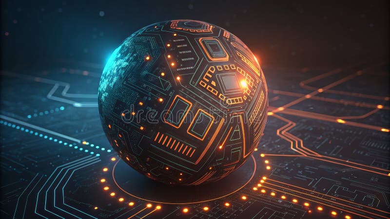 Cyber Sphere Circuitry Orb, 3D Render, Digital Art vector illustration