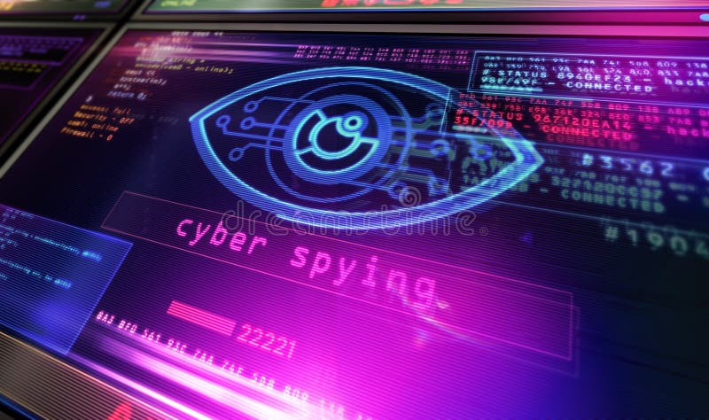 Cyber spying hacking and supervise eye symbol on screen illustration