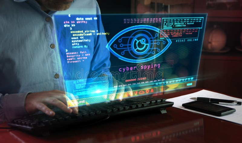 Cyber spying hacking and supervise eye symbol on screen illustration