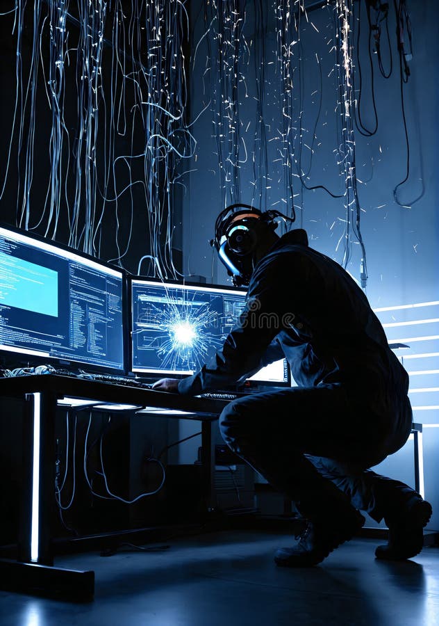 2147 cyber tech repair bay benches overflowing cybernetic limbs toolkits left open screens flickering static code silhouette vector illustration