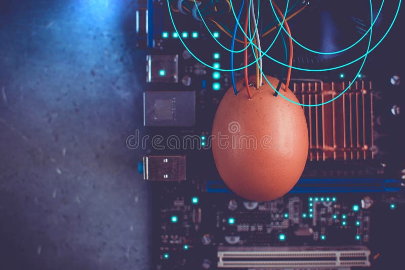 Cyber technology concept. Egg with wires inside on a semiconductor microchip background. Getting a new life with cybernetic techno stock image