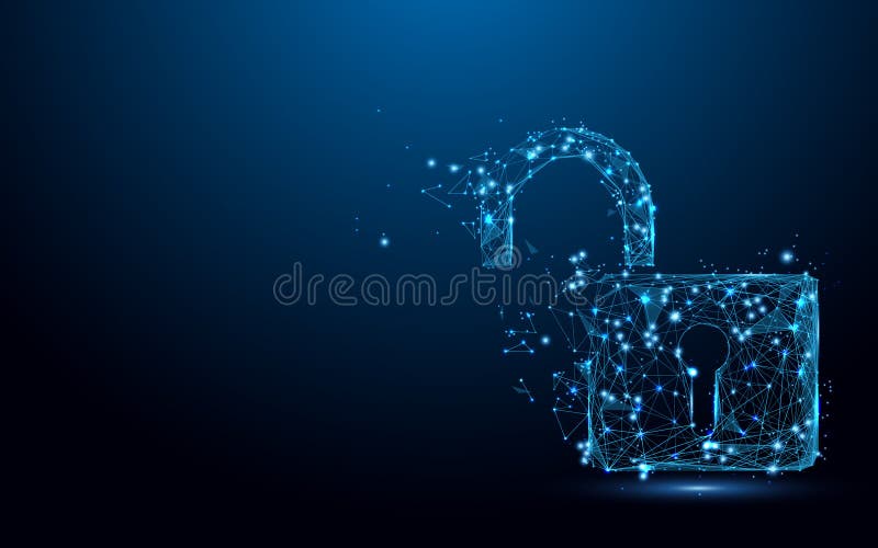 Cyber Unlock security concept. Lock symbol form lines and triangles, point connecting network on blue background royalty free illustration Cyber Unlock security concept. Lock symbol form lines and triangles, point connecting network on blue background royalty free illustration