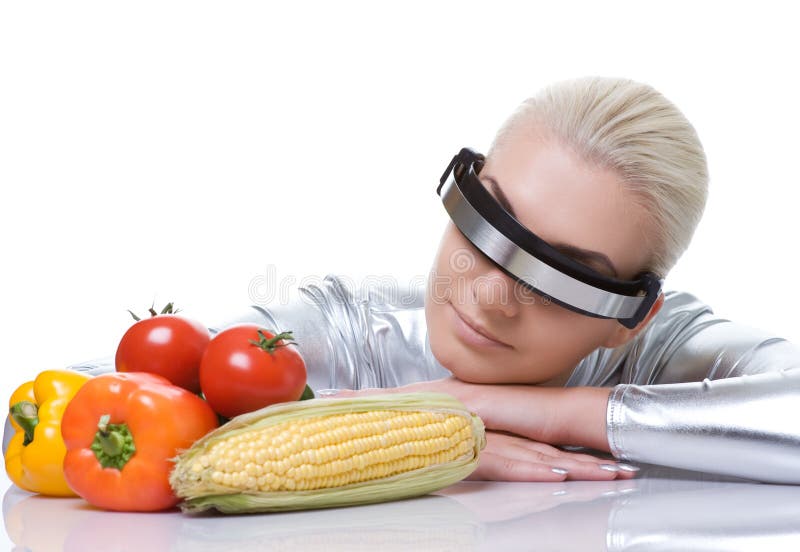 Cyber woman with different vegetables.