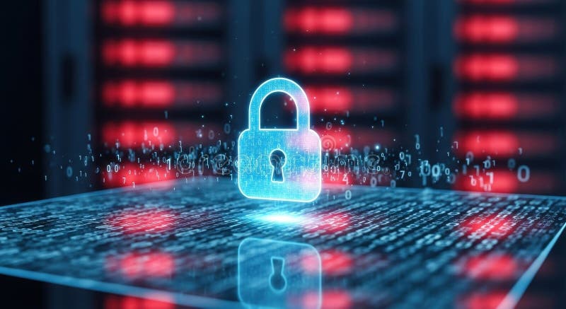 Cyberbezpieczeństwo cyfrowe z błyszczącą kłódką i danymi binarnymi w serwerowni royalty ilustracja