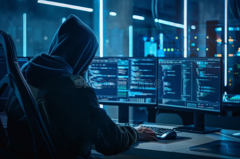 Cyberbezpieczeństwo i haker hacker hacker hacker w masce i hoodie nad abstrakcyjnym tłem binarnym zdjęcie stock