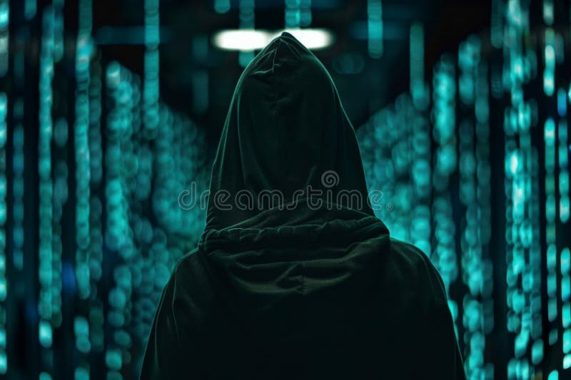 Cyberbezpieczeństwo i haker hacker hacker hacker w masce i hoodie nad abstrakcyjnym tłem binarnym zdjęcie stock