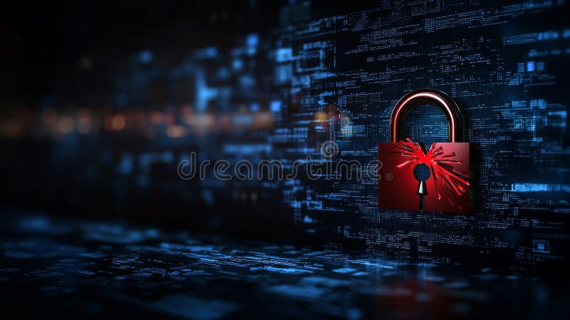 Cyberbezpieczeństwo złamało 3d renderowanie czerwonego kłódki rozbijającej się na niebieskim tle kodu binarnego ilustracja wektor
