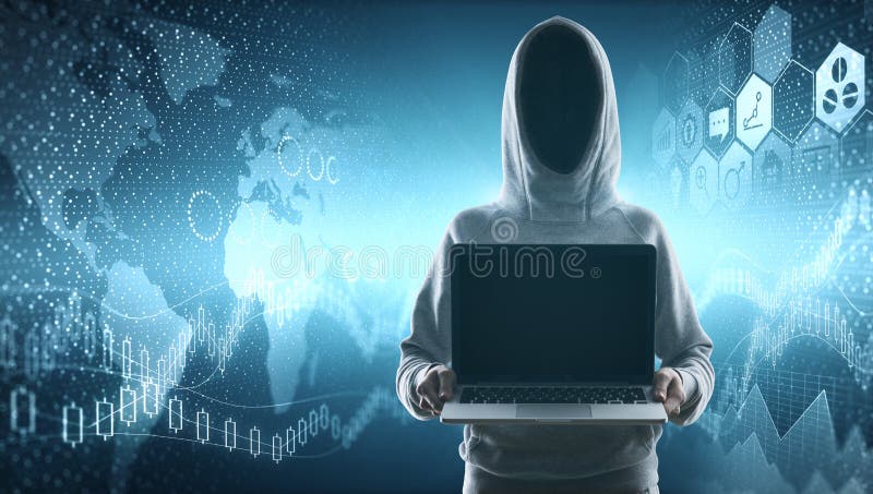 No face hacker with blank laptop stock photo