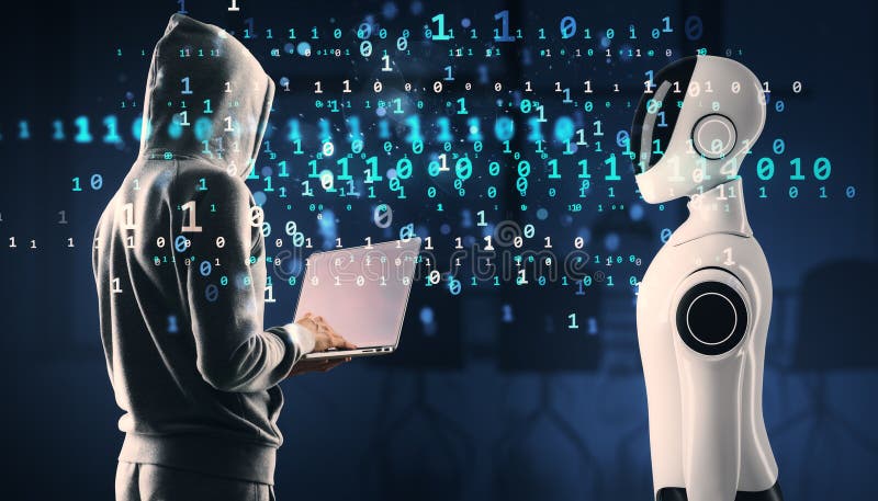 Cyberkriminelle, die künstlichen Intelligenzroboter in digitaler Cyberumgebung hacken stockfoto