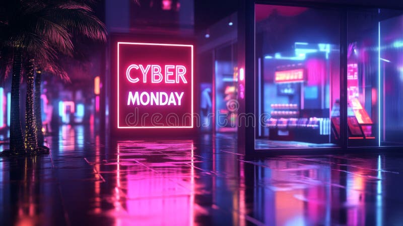 Cybermåndagstecken i nattlig citysm vektor illustrationer