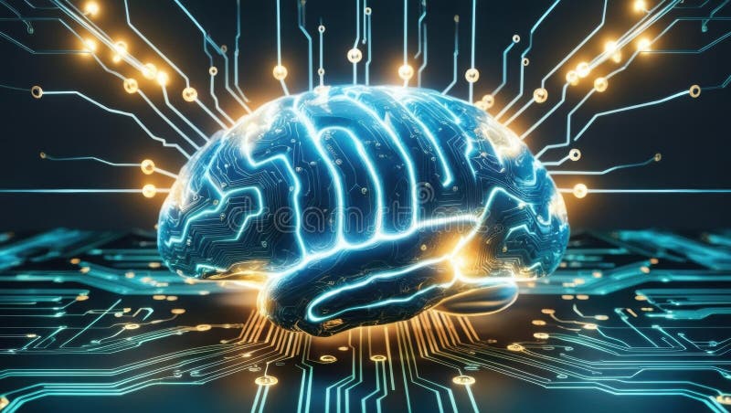 A cybernetic brain illuminated on a circuit board processing smart contracts with ai automation royalty free illustration