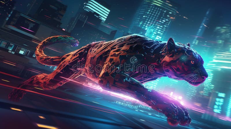 A cybernetic cheetah chasing down a criminal Fantasy concept , Illustration painting royalty free illustration