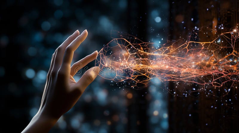 Cybernetic digital hand holding a glowing data structure representing artificial intelligence royalty free illustration