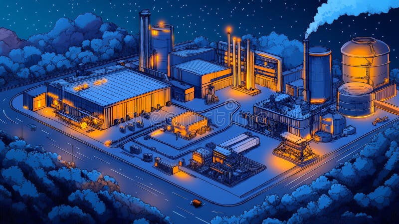 Cybernetic Factory with Robotic Assembly Lines at Night stock photo