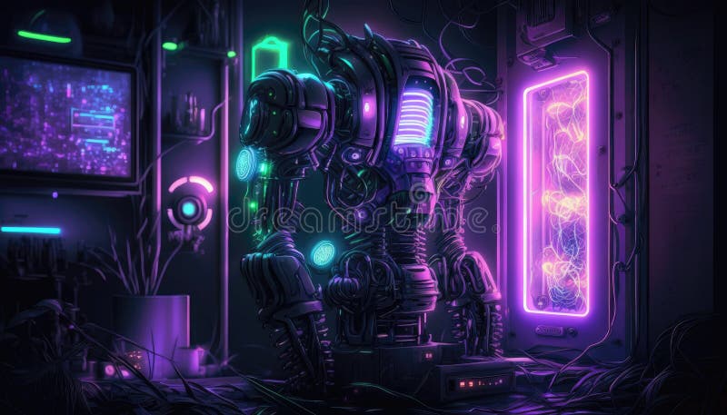 Cybernetic Implants Shine In Neon Light Wallpaper. Generative AI vector illustration
