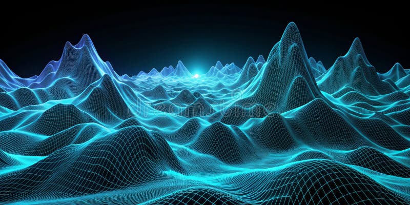 Cybernetic Landscape Wireframe Mountains, Teal Grid, Digital Dawn stock illustration