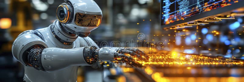 Cybernetic robot typing on glowing digital keyboard vector illustration