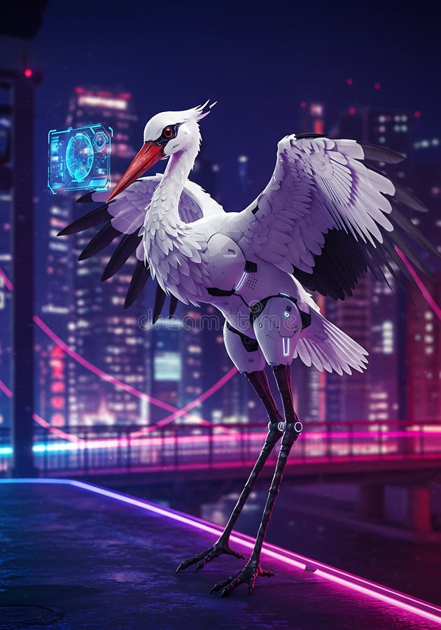 Cybernetic Stork Delivery System Amidst a Futuristic Metropolis i Nightfall vektor illustrationer