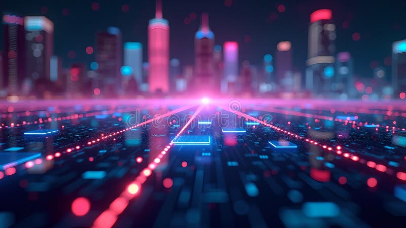 Cybernetisk Cityscape Digital Horizon-belysning royaltyfri illustrationer