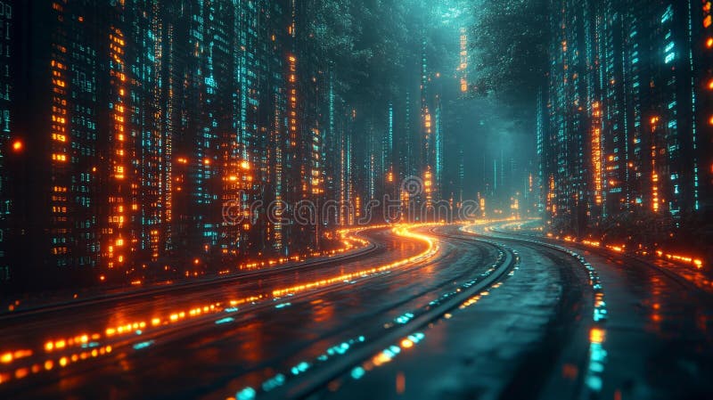 Cybernetisk Cityscape med Luminous Data Stream vektor illustrationer
