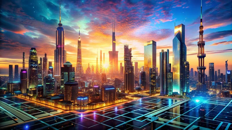 Cybernetisk cityscape mosaic : en fusion av teknik och urbanitets generativa hjälpmedel royaltyfri illustrationer