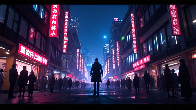 Cybernetisk Cityscape : Neonlit Urban Wonderland royaltyfri illustrationer