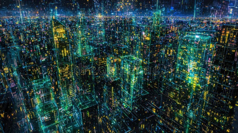 Cybernetisk cityscape-omvandling futuristisk stadsmiljö digital konstnattning visa högteknologisk konceptualisering stock illustrationer