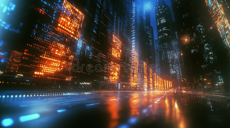 Cybernetisk cityscape som lyfts upp av digitala dataströmmar som symboliserar AI-driven stadsinfrastruktur och framtiden för smart royaltyfri illustrationer