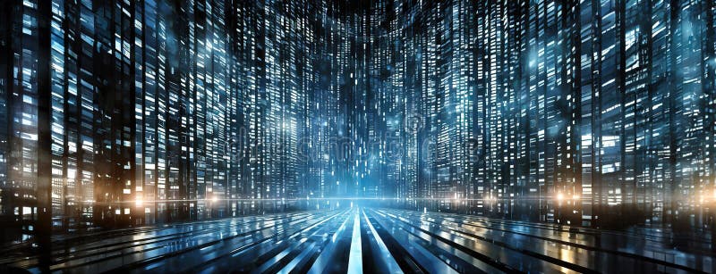 Cybernetisk citythastighet. en perspektivvisning i ett digitalt storpolis på gatan ger en känsla av enorm hastighet royaltyfri illustrationer
