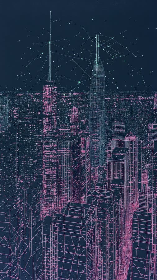 Cybernetisk stadskylin med neonrosa konturer royaltyfri illustrationer