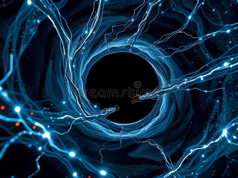 Cybernetiska kablar i svart hål : Bending Twicing Cosmic Energy Surge HyperDetailed Space Textures Deep Contrast Cinematic royaltyfri illustrationer