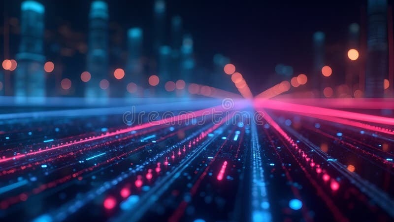 Cybernetiskt Cityscape Abstract Data Flow Network royaltyfri illustrationer